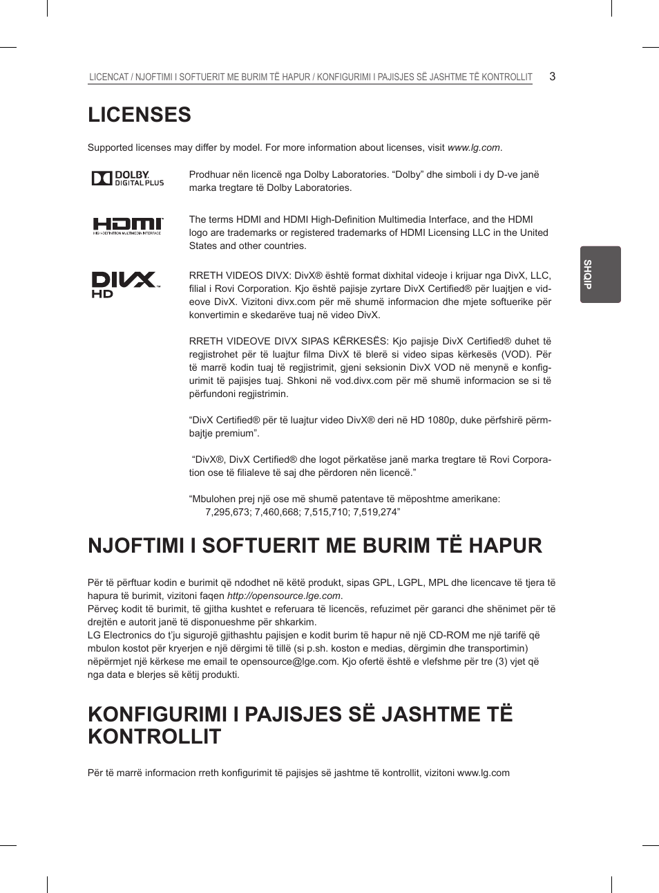 Licenses, Njoftimi i softuerit me burim të hapur, Konfigurimi i pajisjes së jashtme të kontrollit | LG 26LN450B User Manual | Page 250 / 375