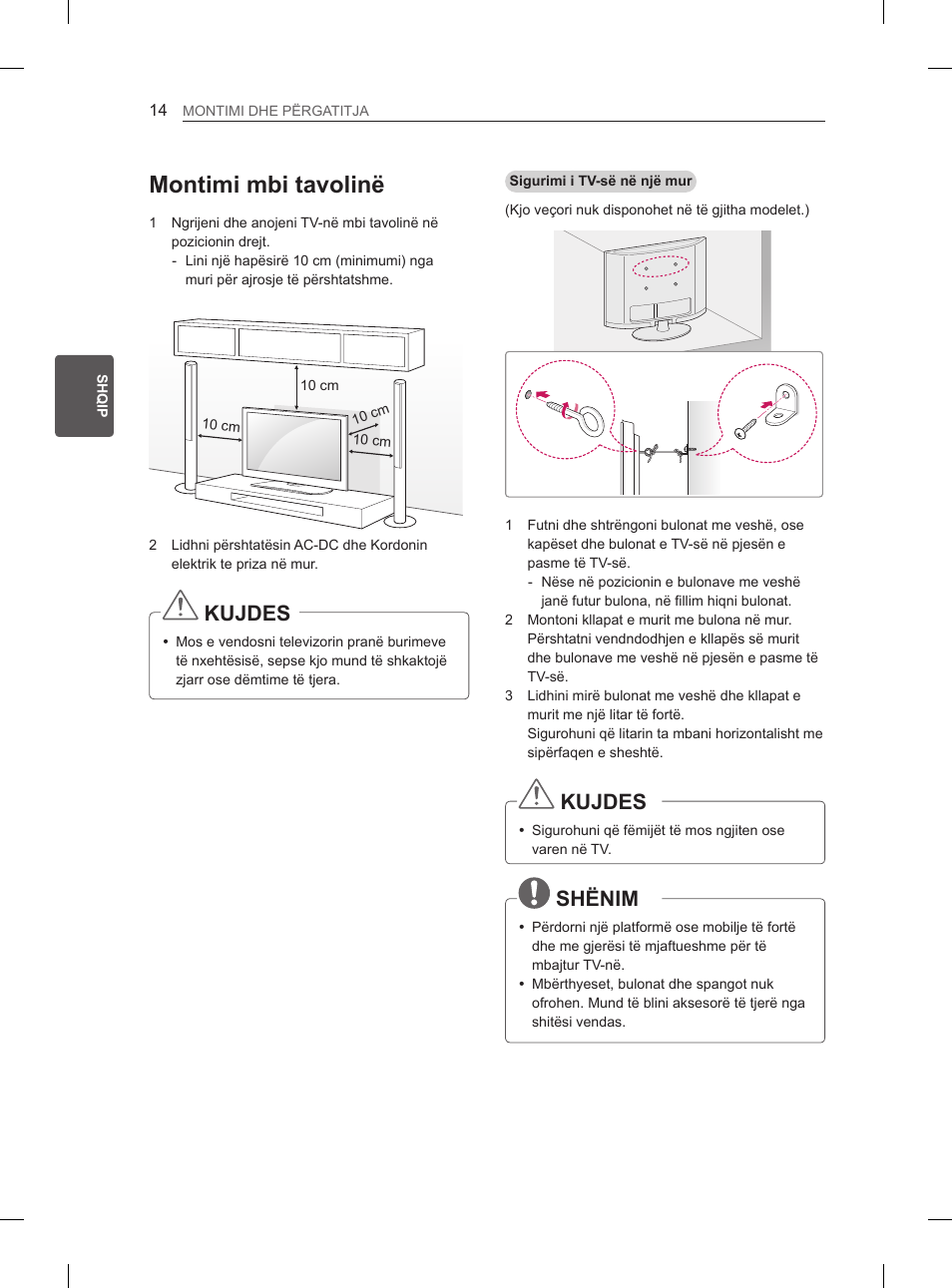 Montimi mbi tavolinë, Kujdes, Shënim | LG 26LN450B User Manual | Page 261 / 375