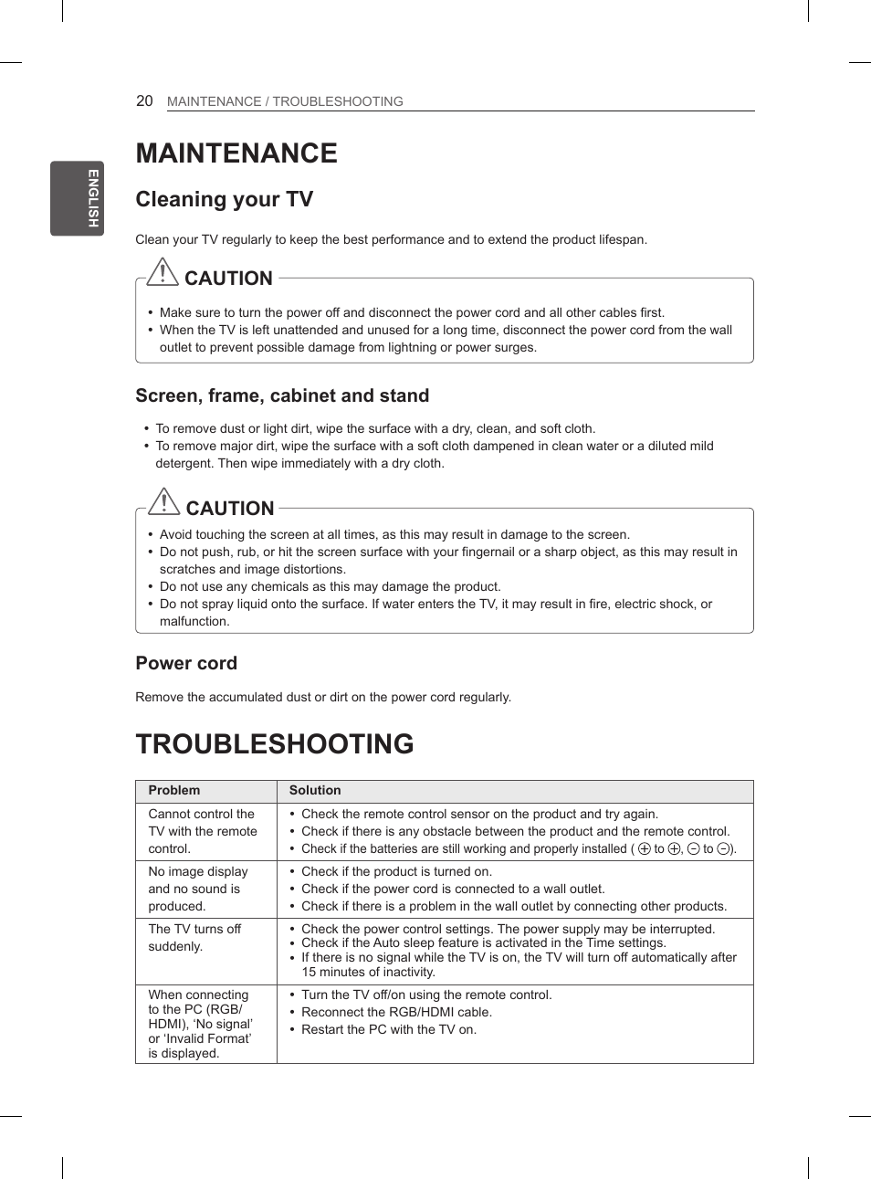 Maintenance, Troubleshooting, Cleaning your tv | Caution, Screen, frame, cabinet and stand, Power cord | LG 26LN450B User Manual | Page 27 / 375