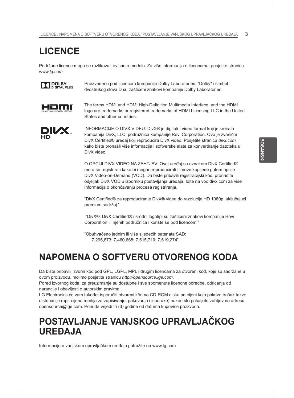 Licence, Napomena o softveru otvorenog koda, Postavljanje vanjskog upravljačkog uređaja | LG 26LN450B User Manual | Page 270 / 375