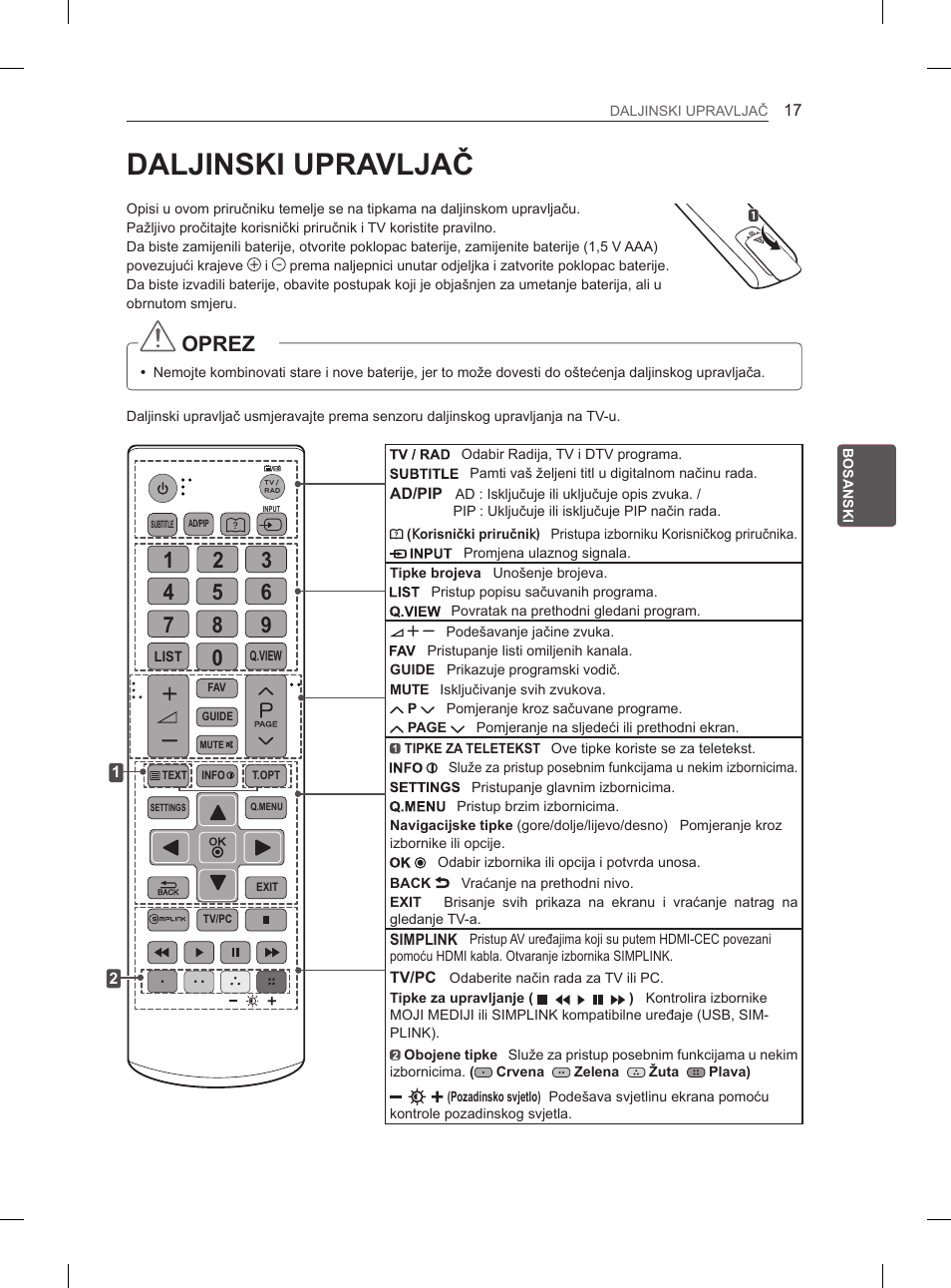 Daljinski upravljač, Oprez | LG 26LN450B User Manual | Page 284 / 375