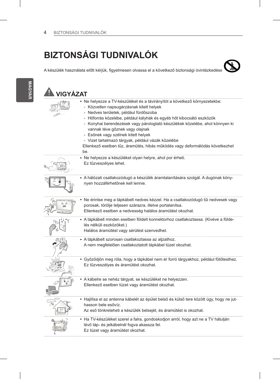 Biztonsági tudnivalók, Vigyázat | LG 26LN450B User Manual | Page 31 / 375