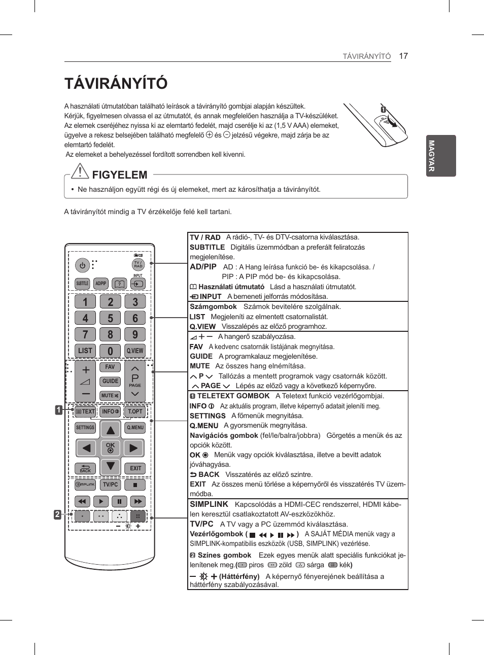 Távirányító, Figyelem | LG 26LN450B User Manual | Page 44 / 375