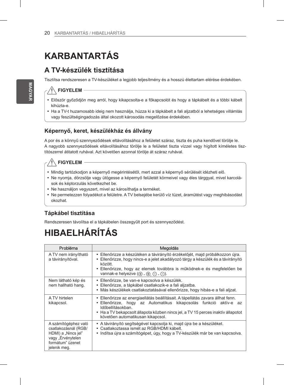 Hibaelhárítás, Karbantartás, A tv-készülék tisztítása | LG 26LN450B User Manual | Page 47 / 375