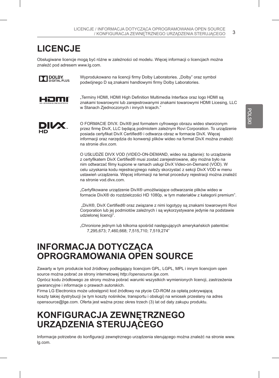 Licencje, Informacja dotycząca oprogramowania open source, Konfiguracja zewnętrznego urządzenia sterującego | LG 26LN450B User Manual | Page 50 / 375