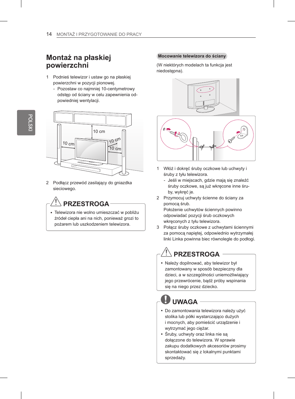 Montaż na płaskiej powierzchni, Przestroga, Uwaga | LG 26LN450B User Manual | Page 61 / 375