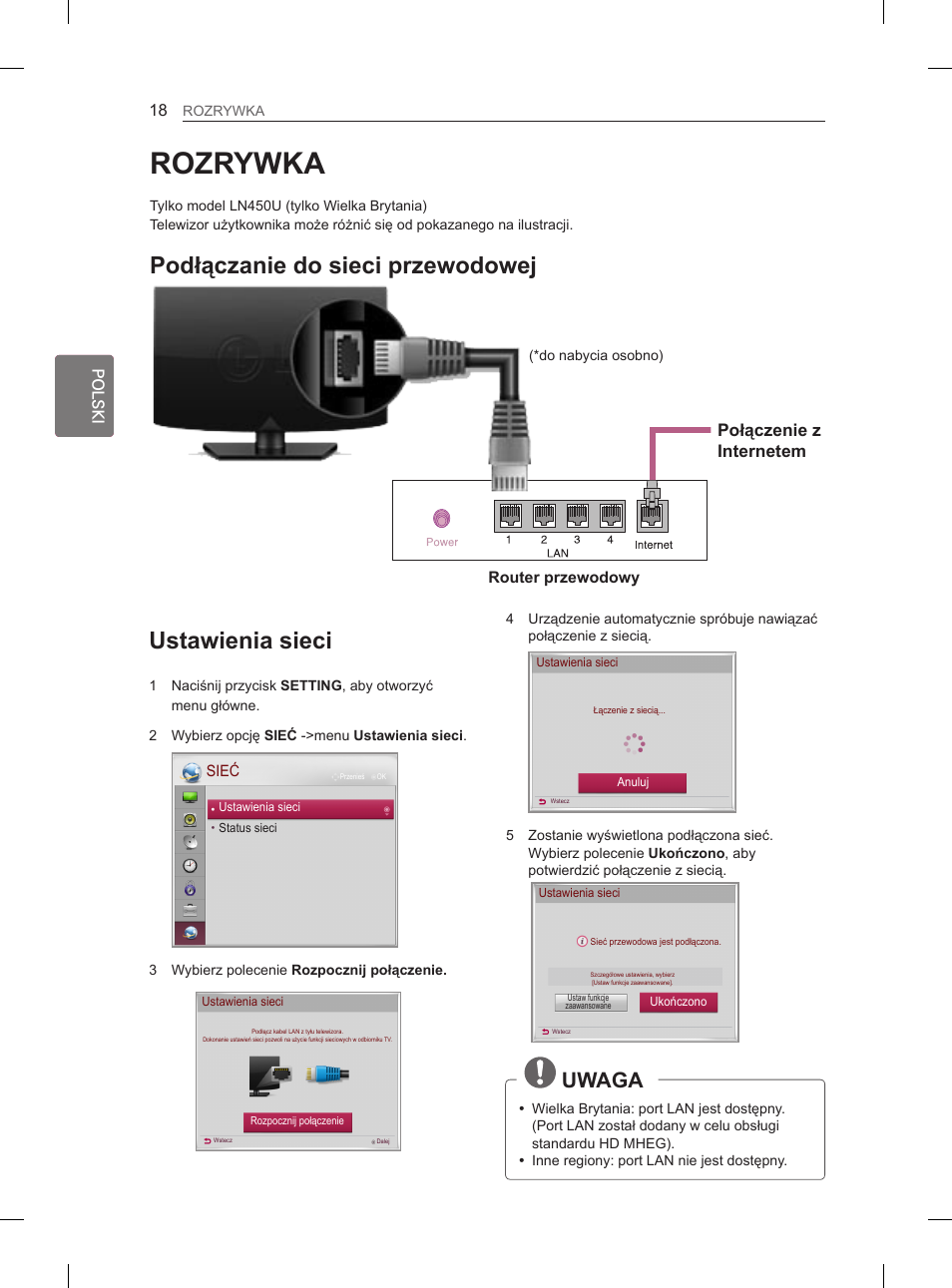 Rozrywka, Ustawienia sieci, Podłączanie do sieci przewodowej | Uwaga, Połączenie z internetem | LG 26LN450B User Manual | Page 65 / 375