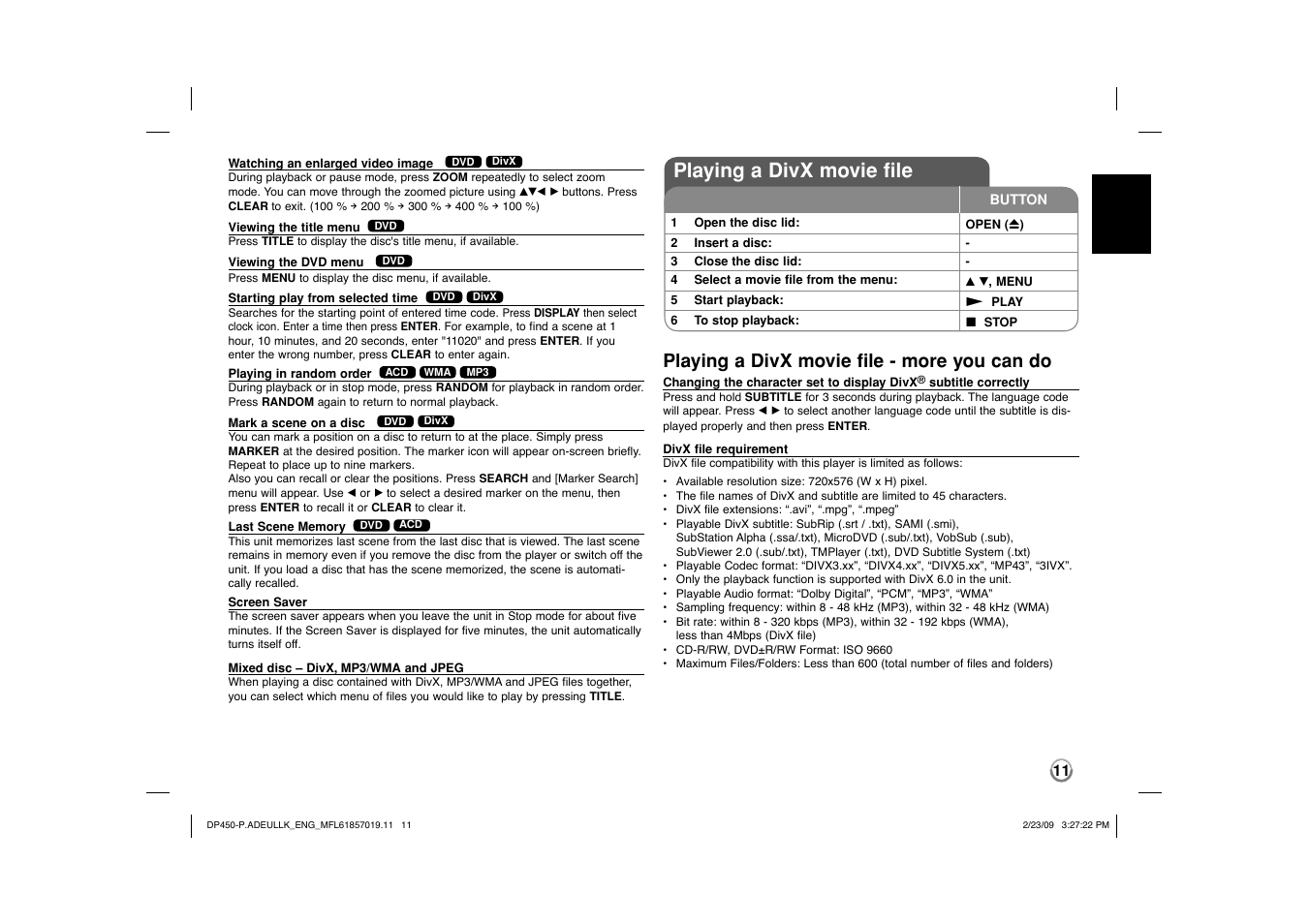 Playing a divx movie file, Playing a divx movie file - more you can do | LG DP450 User Manual | Page 11 / 84