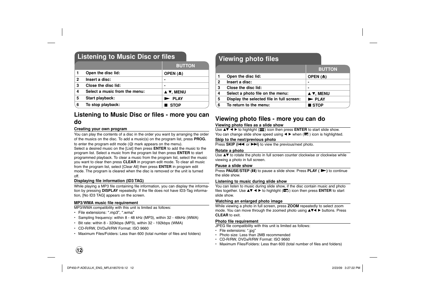 Listening to music disc or files, Viewing photo files, Listening to music disc or files - more you can do | Viewing photo files - more you can do | LG DP450 User Manual | Page 12 / 84