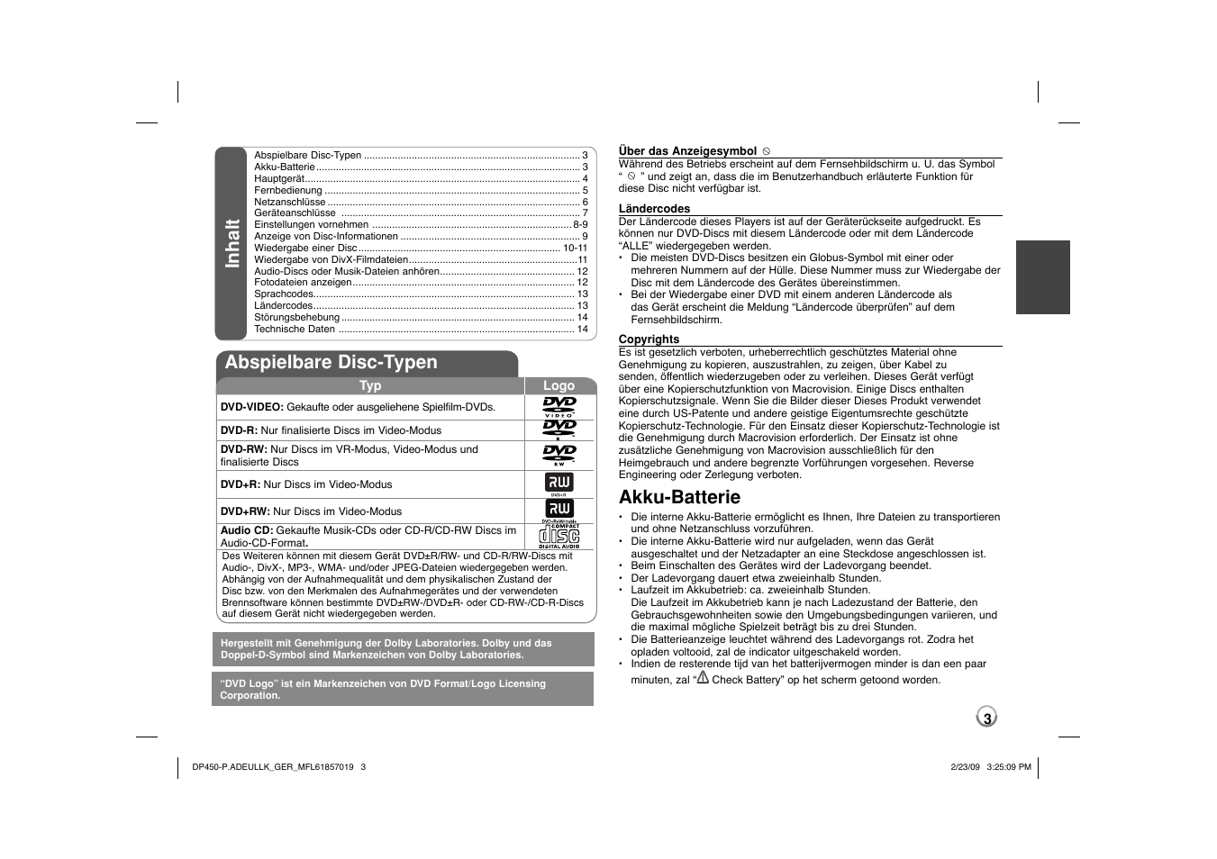 Inhalt abspielbare disc-typen, Akku-batterie | LG DP450 User Manual | Page 17 / 84