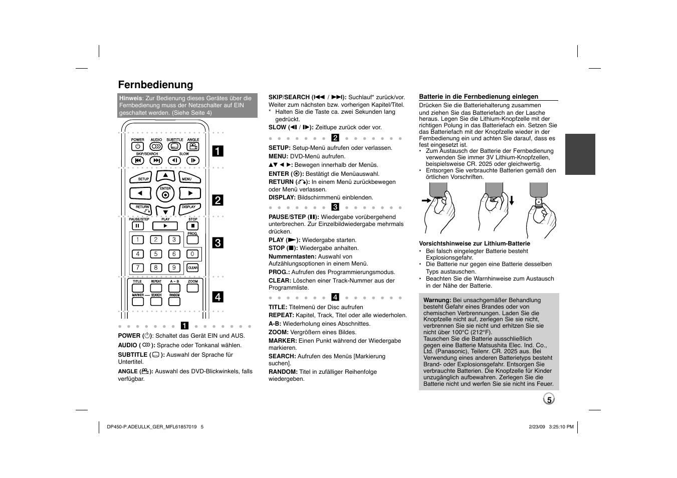 Ab c d, Fernbedienung | LG DP450 User Manual | Page 19 / 84