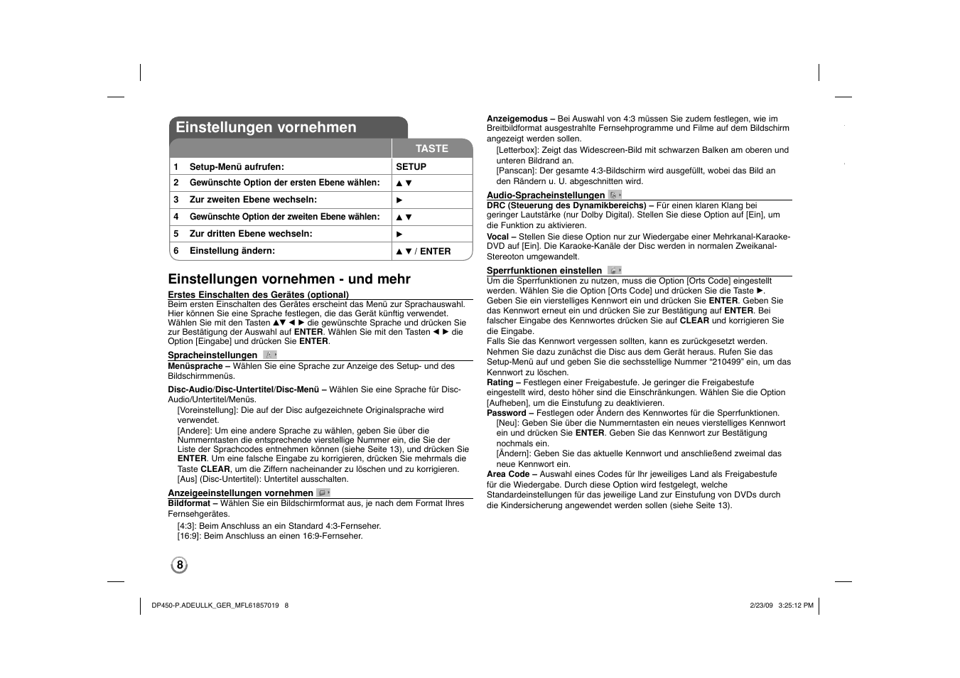 Einstellungen vornehmen, Einstellungen vornehmen - und mehr | LG DP450 User Manual | Page 22 / 84