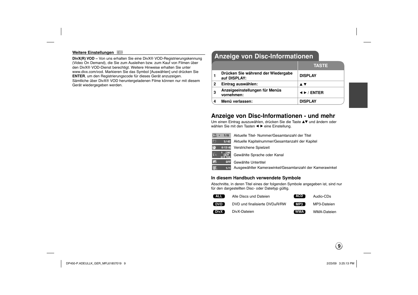 Anzeige von disc-informationen, Anzeige von disc-informationen - und mehr | LG DP450 User Manual | Page 23 / 84