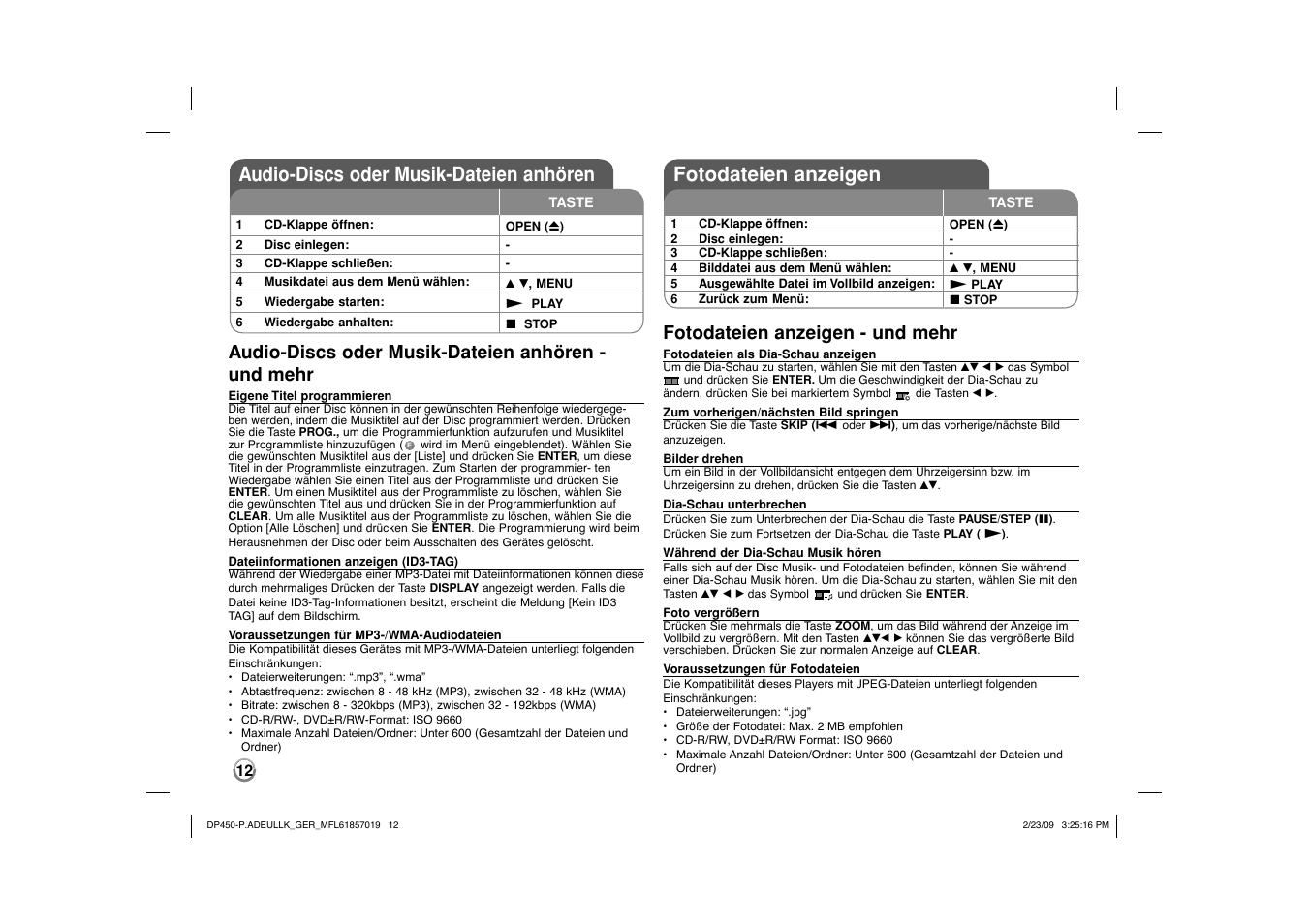 Audio-discs oder musik-dateien anhören, Fotodateien anzeigen, Audio-discs oder musik-dateien anhören - und mehr | Fotodateien anzeigen - und mehr | LG DP450 User Manual | Page 26 / 84