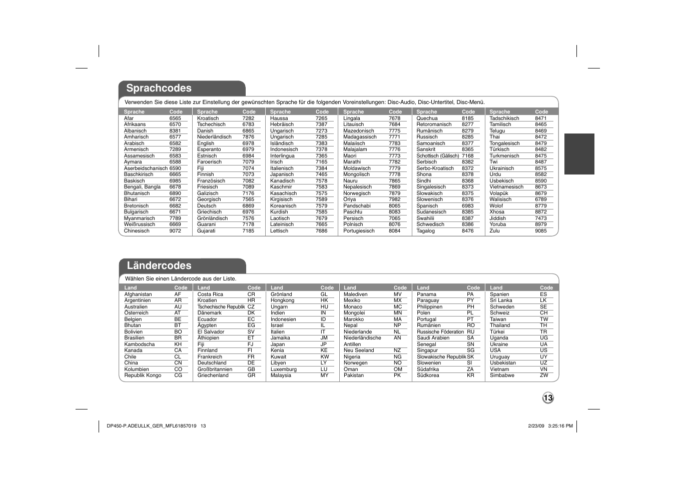 Sprachcodes, Ländercodes | LG DP450 User Manual | Page 27 / 84