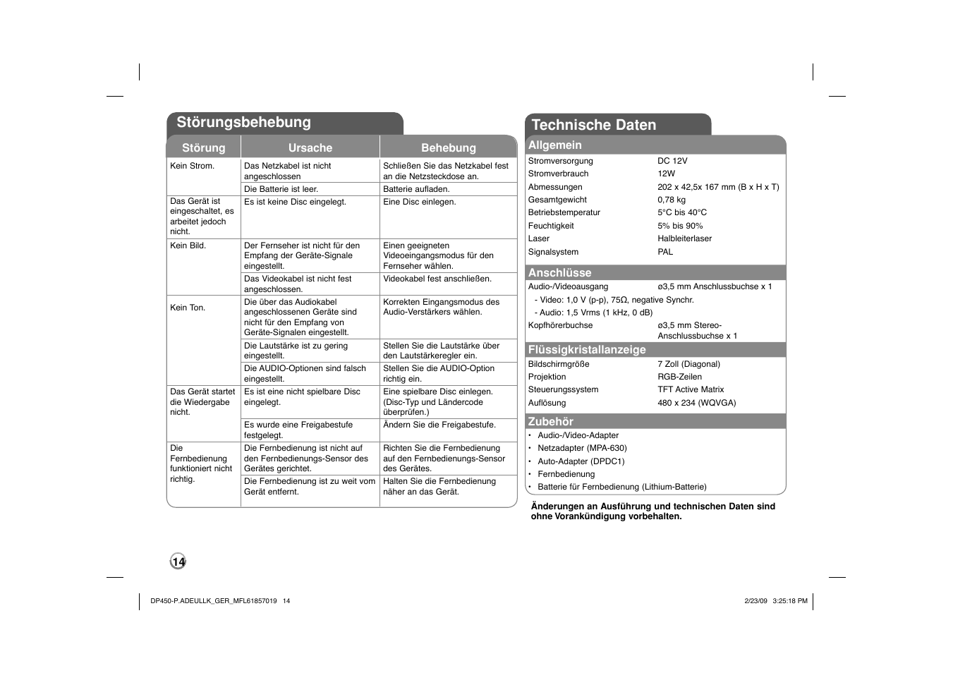 Störungsbehebung, Technische daten | LG DP450 User Manual | Page 28 / 84