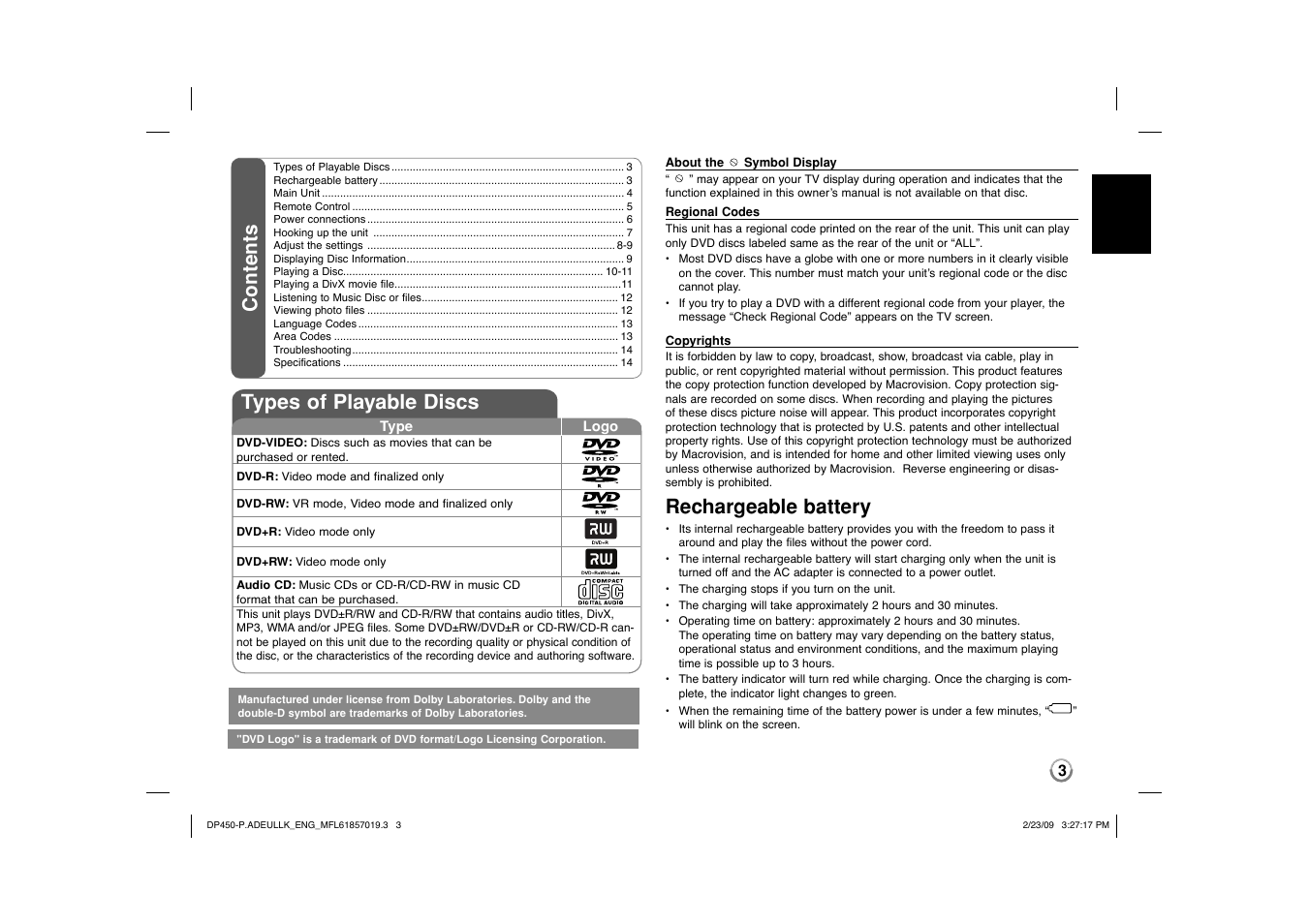 Contents types of playable discs, Rechargeable battery | LG DP450 User Manual | Page 3 / 84