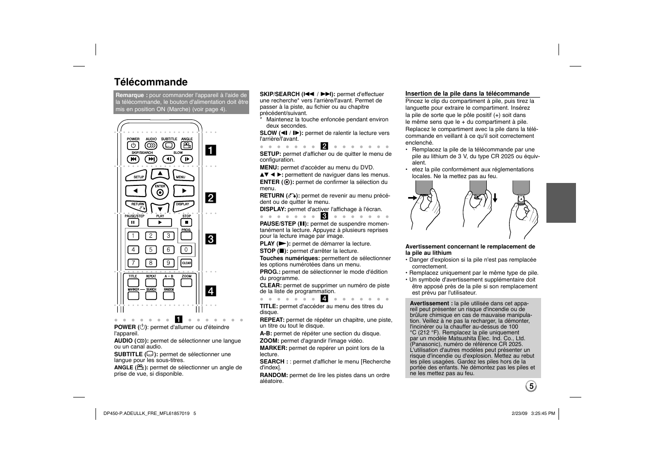 Ab c d, Télécommande | LG DP450 User Manual | Page 33 / 84