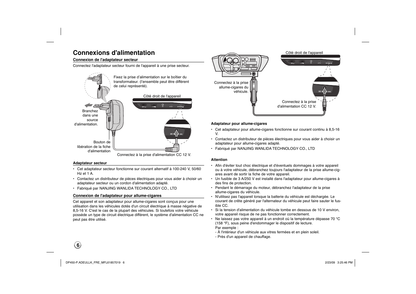 Connexions d'alimentation | LG DP450 User Manual | Page 34 / 84