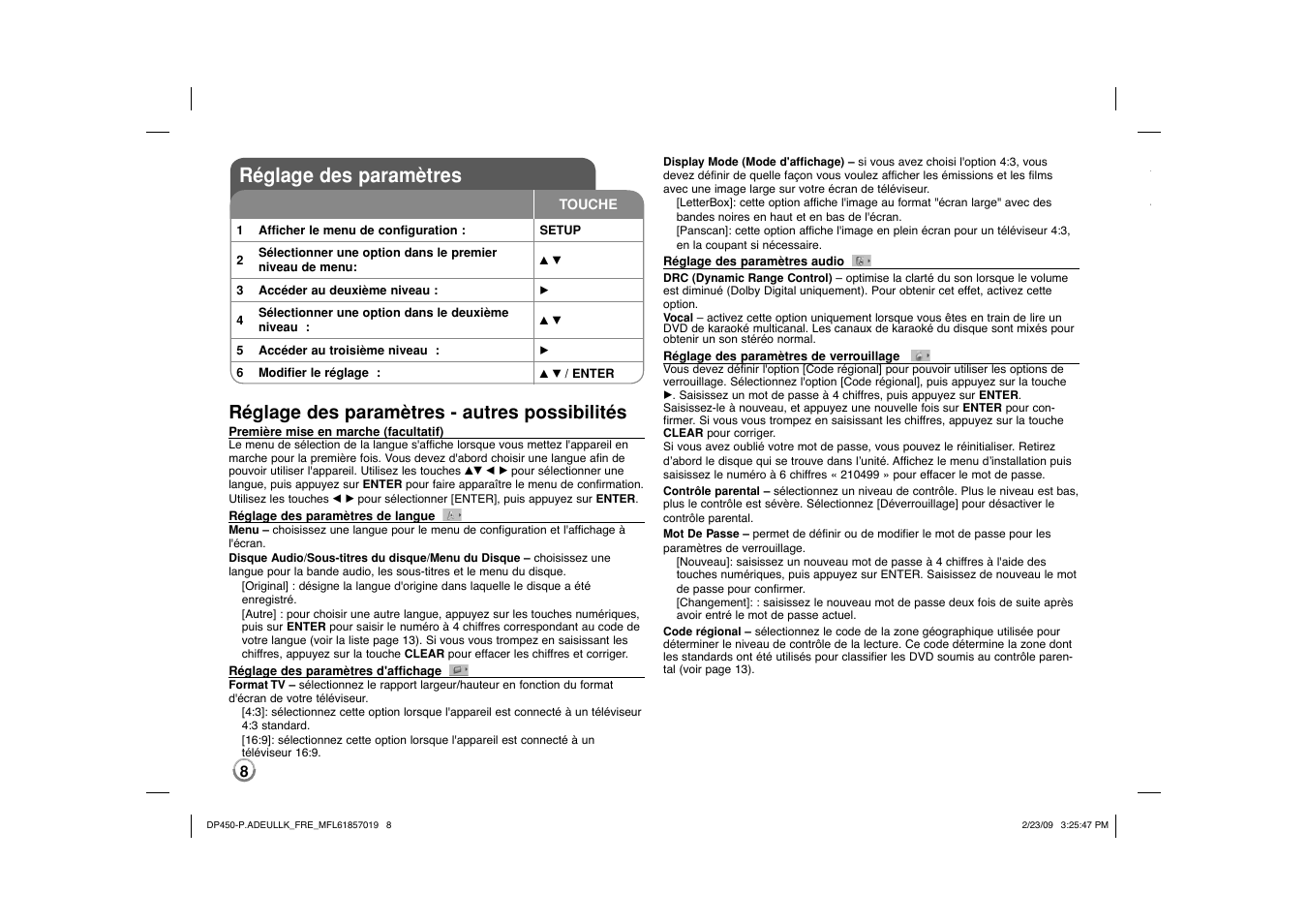 Réglage des paramètres, Réglage des paramètres - autres possibilités | LG DP450 User Manual | Page 36 / 84