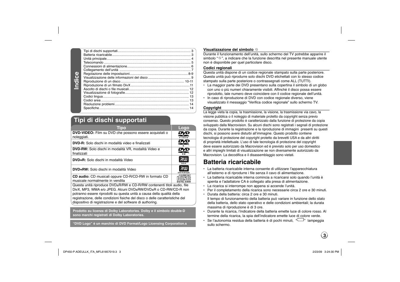 Indice tipi di dischi supportati, Batteria ricaricabile | LG DP450 User Manual | Page 45 / 84