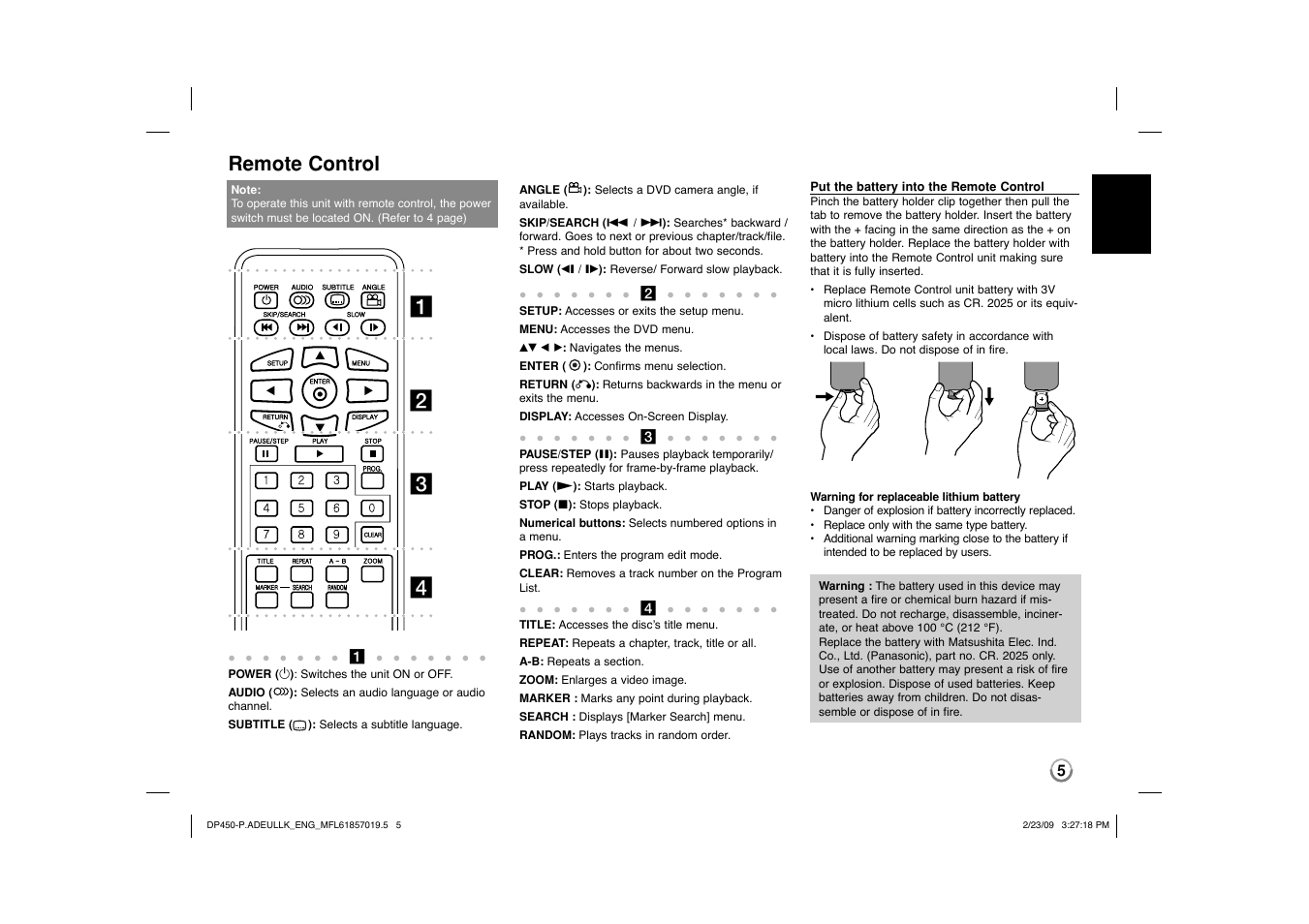 Ab c d, Remote control | LG DP450 User Manual | Page 5 / 84