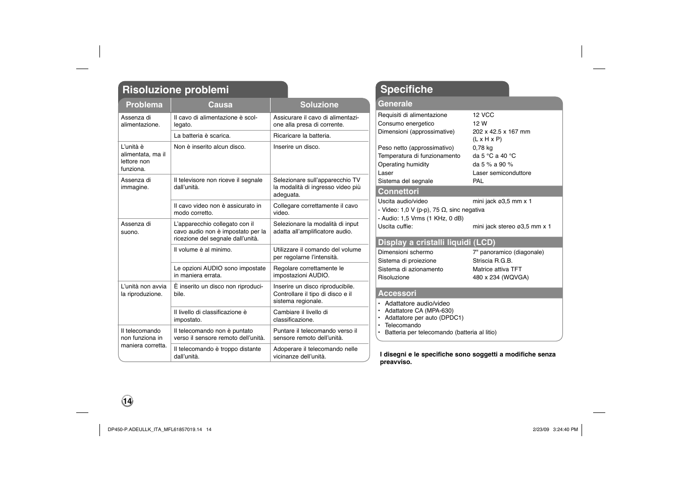 Specifiche, Risoluzione problemi | LG DP450 User Manual | Page 56 / 84