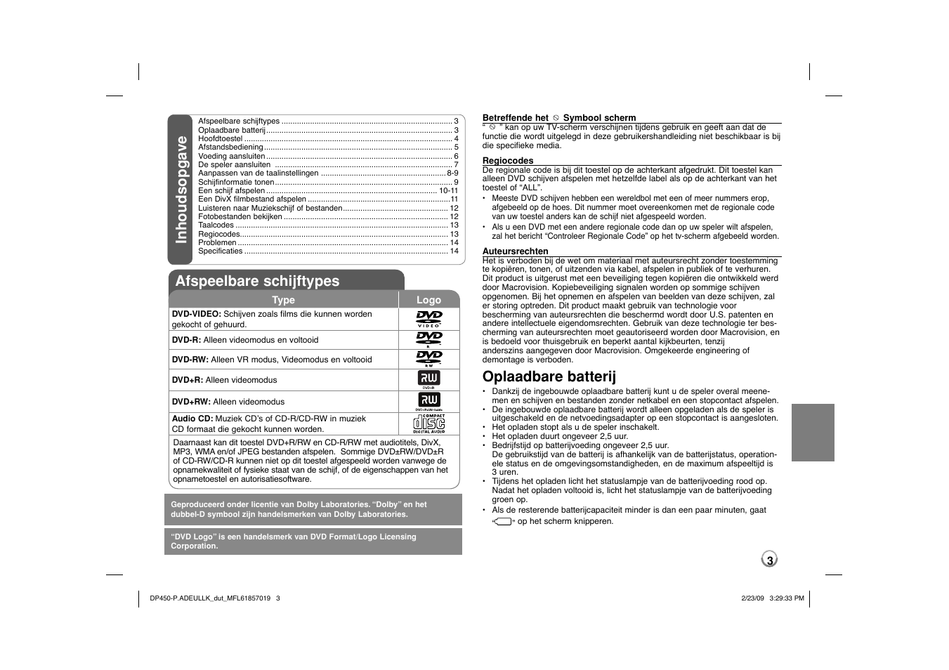 Inhoudsopga ve afspeelbare schijftypes, Oplaadbare batterij | LG DP450 User Manual | Page 59 / 84