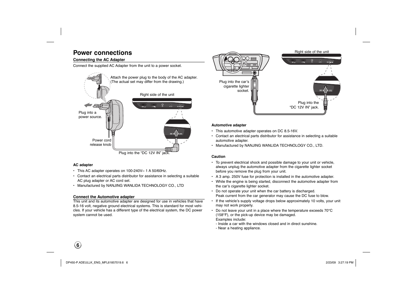 Power connections | LG DP450 User Manual | Page 6 / 84