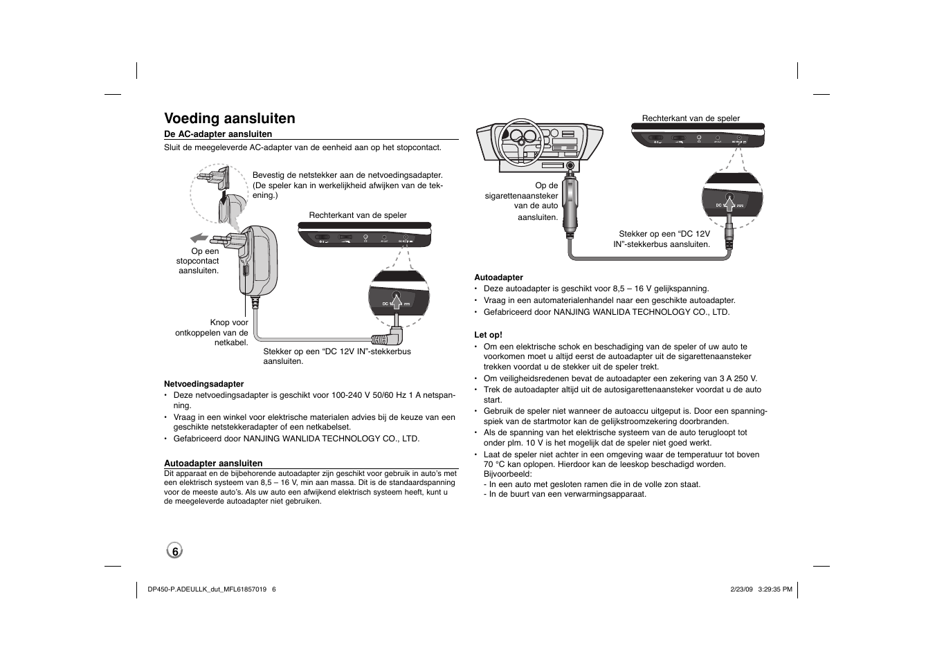 Voeding aansluiten | LG DP450 User Manual | Page 62 / 84