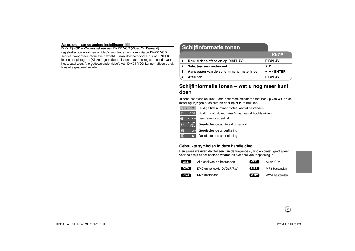 Schijfinformatie tonen, Schijfinformatie tonen – wat u nog meer kunt doen | LG DP450 User Manual | Page 65 / 84