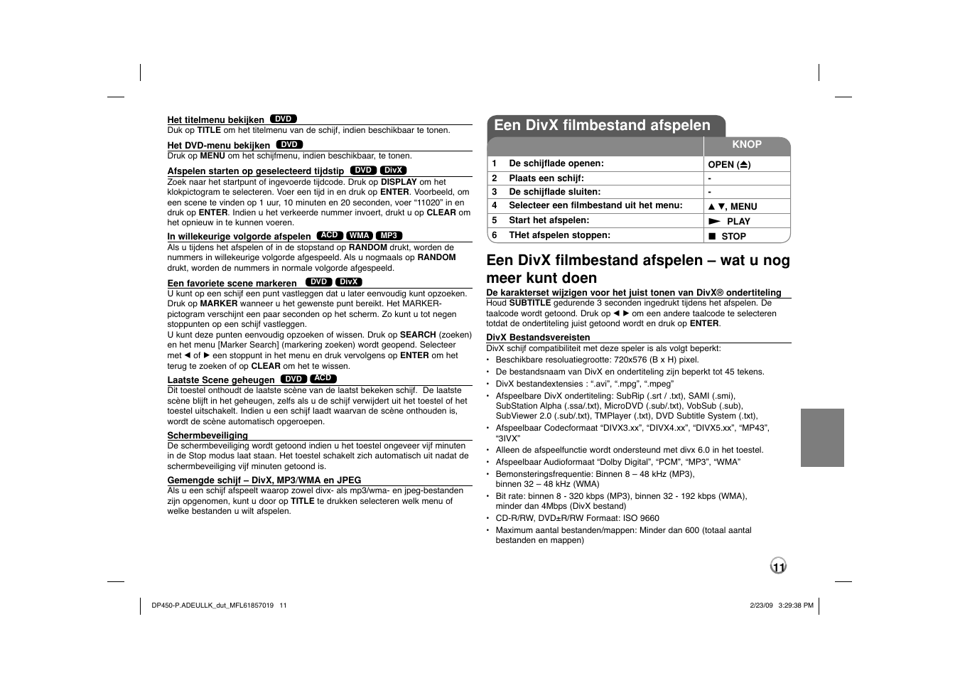 Een divx filmbestand afspelen | LG DP450 User Manual | Page 67 / 84