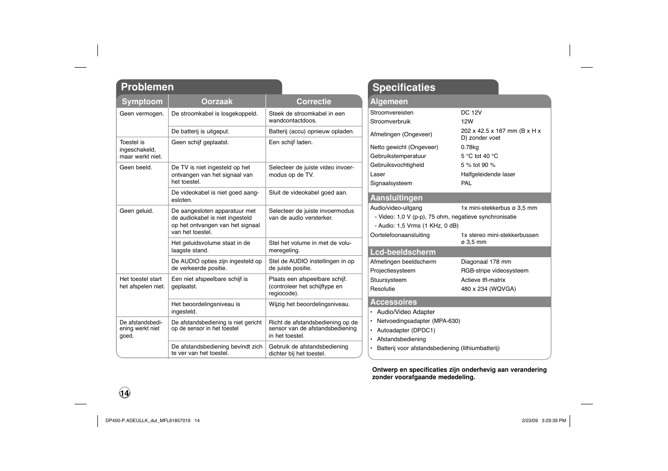 Problemen, Specificaties | LG DP450 User Manual | Page 70 / 84