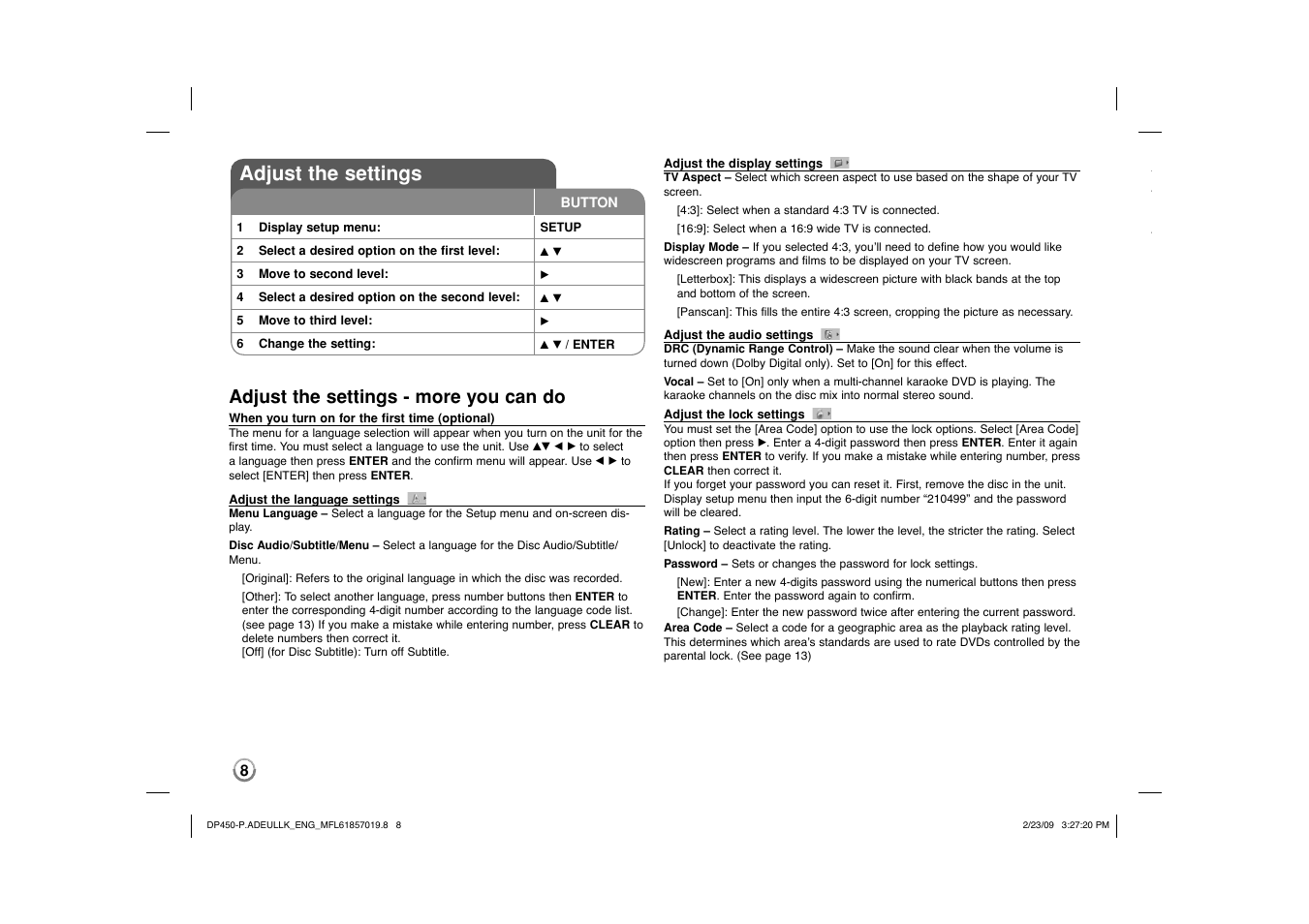 Adjust the settings, Adjust the settings - more you can do | LG DP450 User Manual | Page 8 / 84