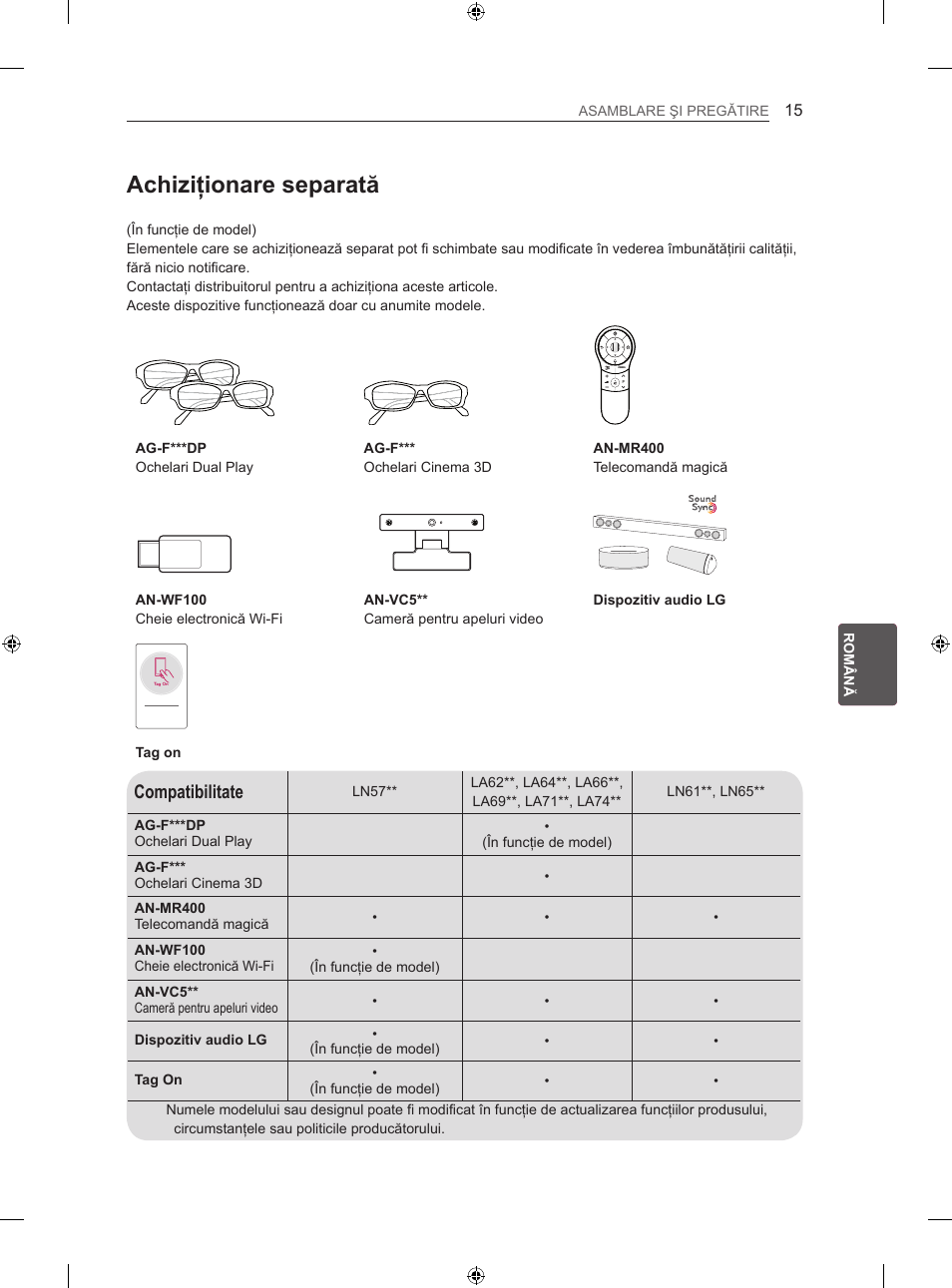 Achiziţionare separată, Compatibilitate | LG 60LA740S User Manual | Page 228 / 555