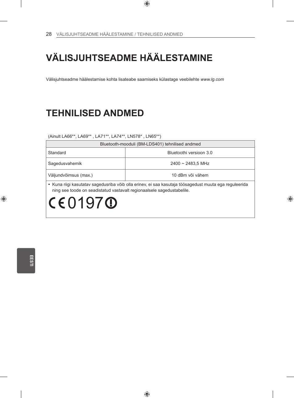 Tehnilised andmed, Välisjuhtseadme häälestamine | LG 60LA740S User Manual | Page 301 / 555