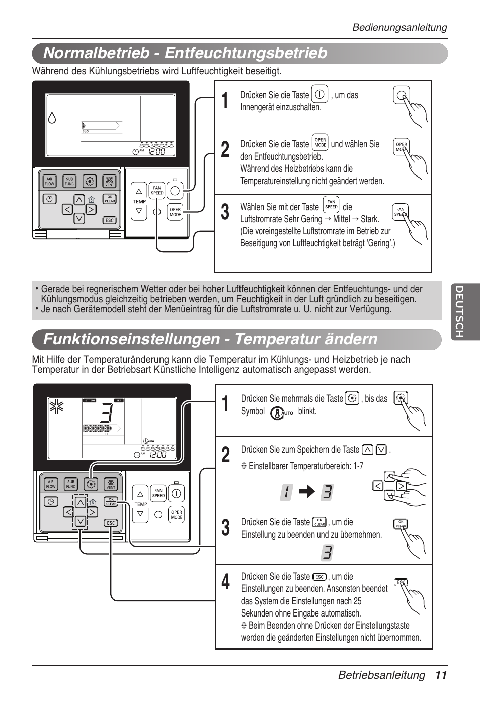 Normalbetrieb - entfeuchtungsbetrieb, Funktionseinstellungen - temperatur ändern | LG UB60 User Manual | Page 107 / 457