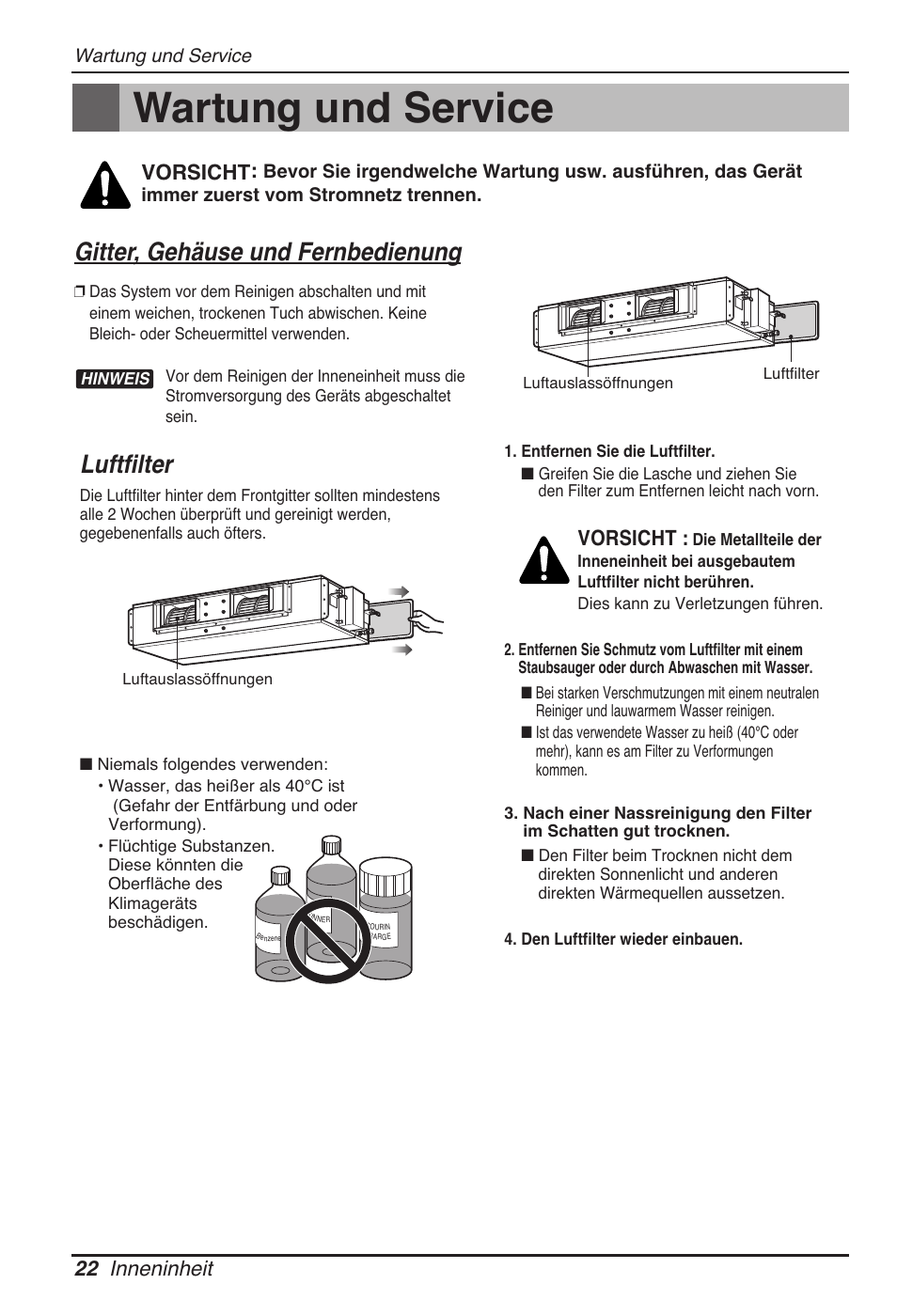 Wartung und service, Luftfilter, Gitter, gehäuse und fernbedienung | 22 inneninheit, Vorsicht | LG UB60 User Manual | Page 118 / 457