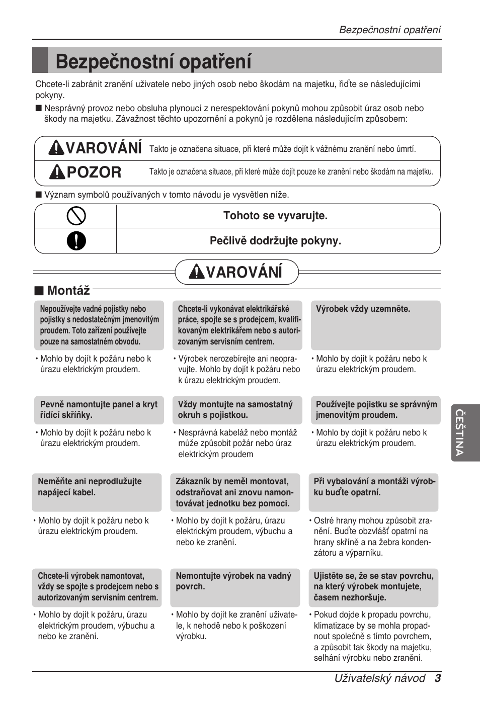 Bezpečnostní opatření, Varování pozor, Varování | Montáž | LG UB60 User Manual | Page 147 / 457