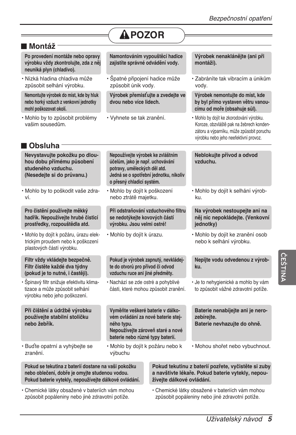 Pozor, Montáž, Obsluha | Uživatelský návod 5, Čeština | LG UB60 User Manual | Page 149 / 457