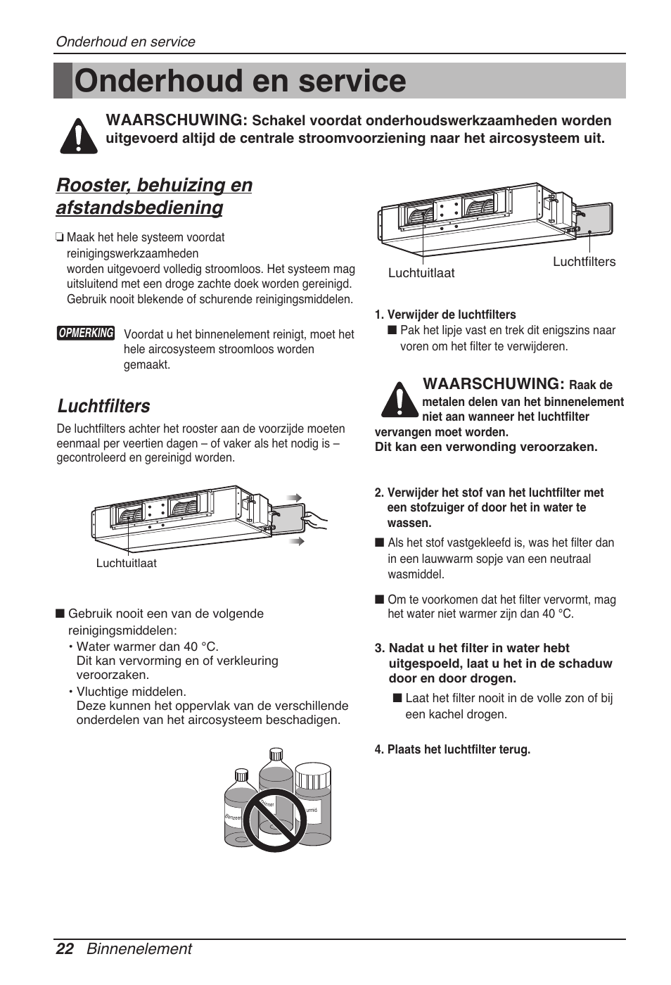 Onderhoud en service, Rooster, behuizing en afstandsbediening, Luchtfilters | 22 binnenelement, Waarschuwing | LG UB60 User Manual | Page 190 / 457