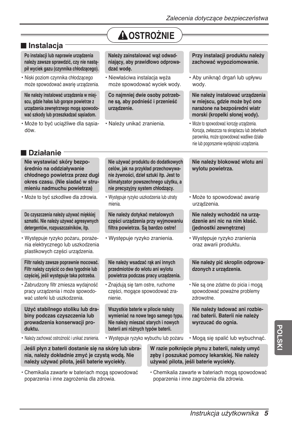 Ostrożnie, Instalacja, Działanie | Instrukcja użytkownika 5, Polski | LG UB60 User Manual | Page 197 / 457