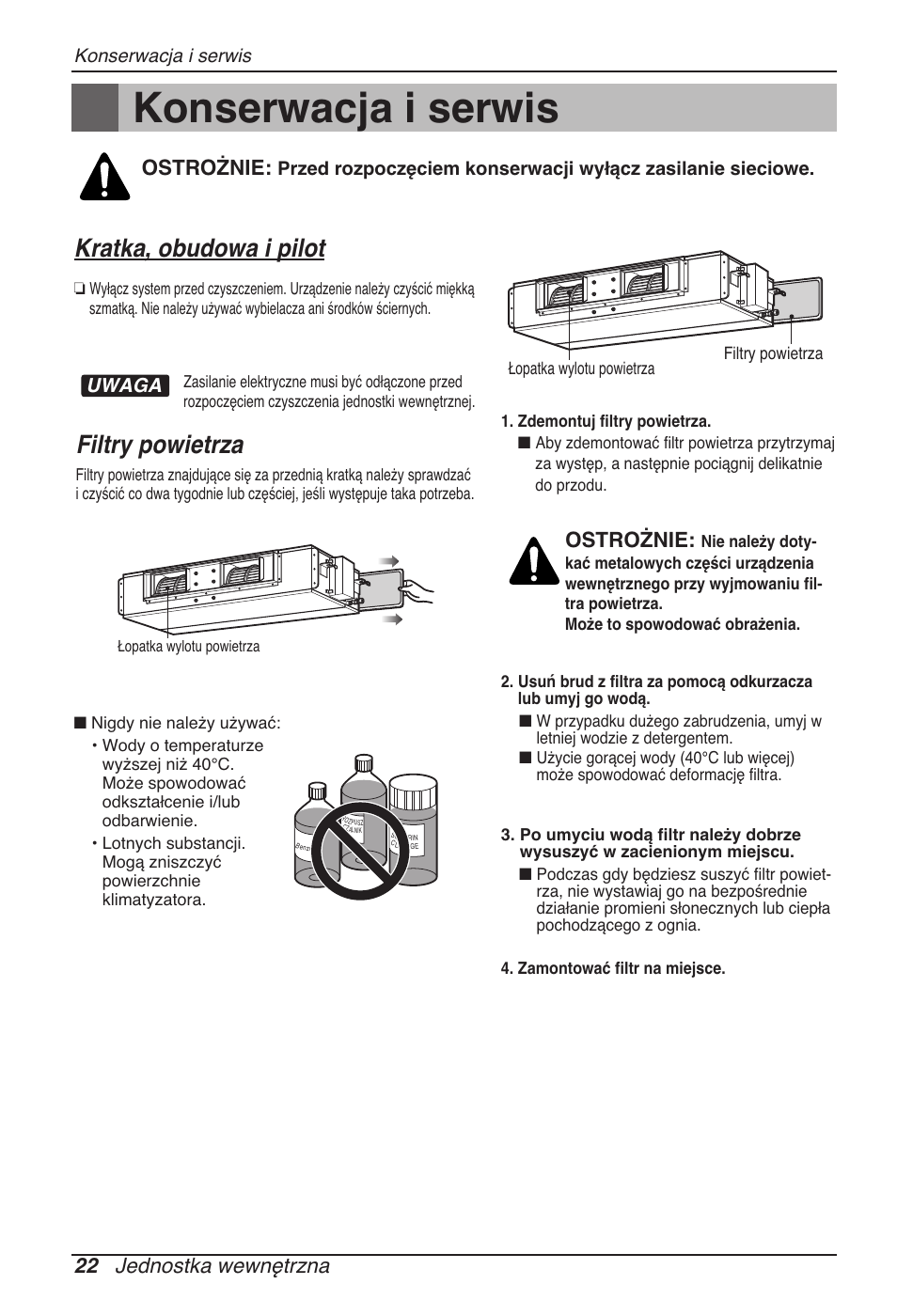 Konserwacja i serwis, Kratka, obudowa i pilot, Filtry powietrza | 22 jednostka wewnętrzna, Ostrożnie | LG UB60 User Manual | Page 214 / 457