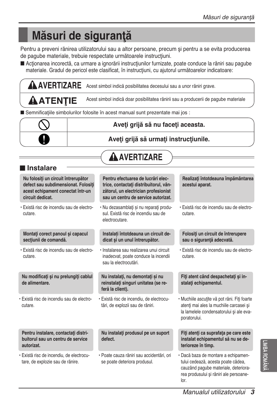 Măsuri de siguranţă, Instalare, Manualul utilizatorului 3 | Limba română | LG UB60 User Manual | Page 219 / 457