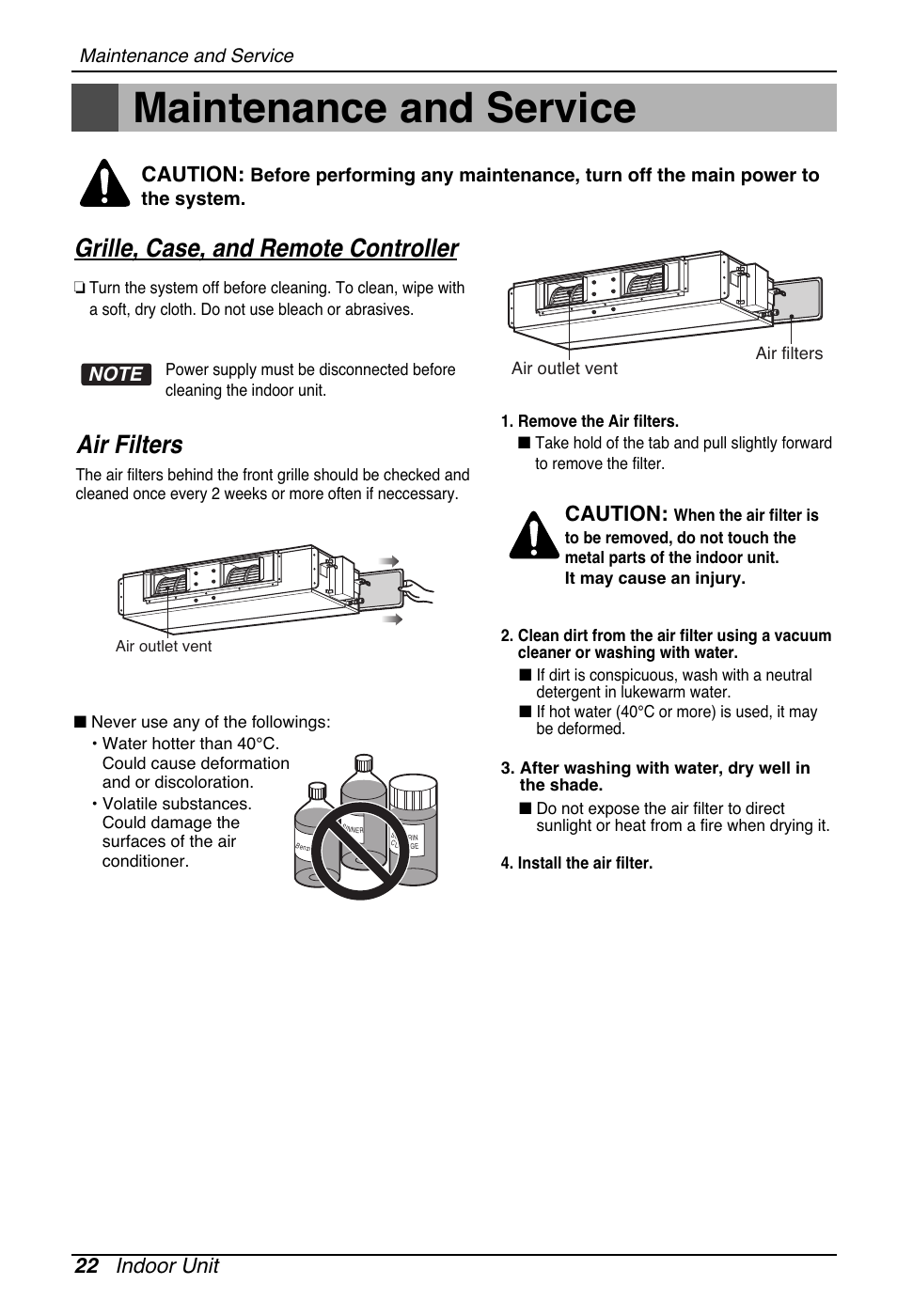 Maintenance and service, Grille, case, and remote controller, Air filters | 22 indoor unit, Caution | LG UB60 User Manual | Page 22 / 457