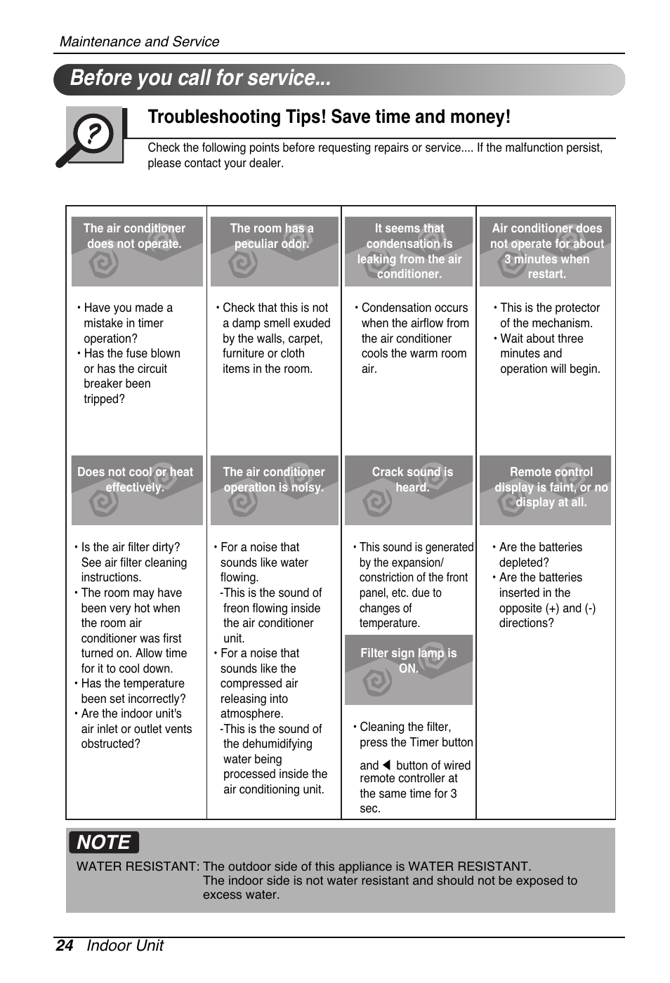 Before you call for service, Troubleshooting tips! save time and money, 24 indoor unit | LG UB60 User Manual | Page 24 / 457