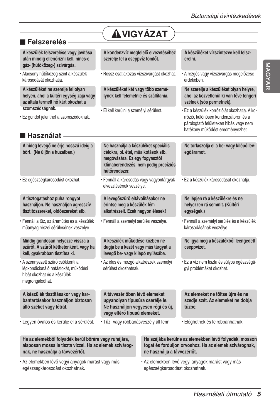 Vigyázat, Felszerelés, Használat | Használati útmutató 5 magyar | LG UB60 User Manual | Page 269 / 457