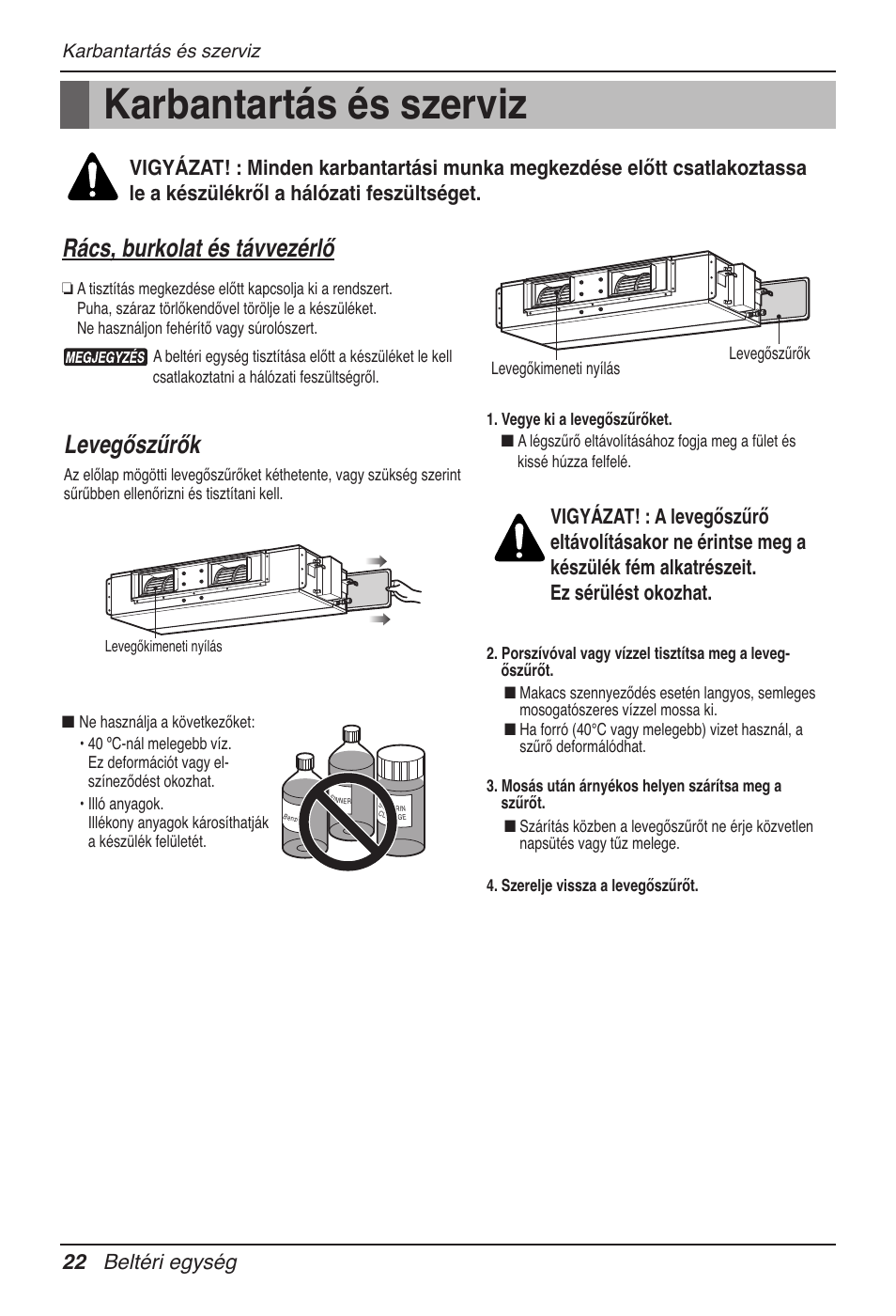 Karbantartás és szerviz, Rács, burkolat és távvezérlő, Levegőszűrők | 22 beltéri egység | LG UB60 User Manual | Page 286 / 457