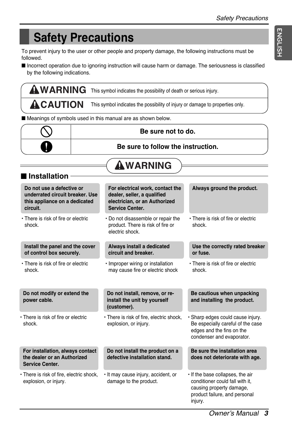 Safety precautions, Warning caution, Warning | Installation | LG UB60 User Manual | Page 3 / 457