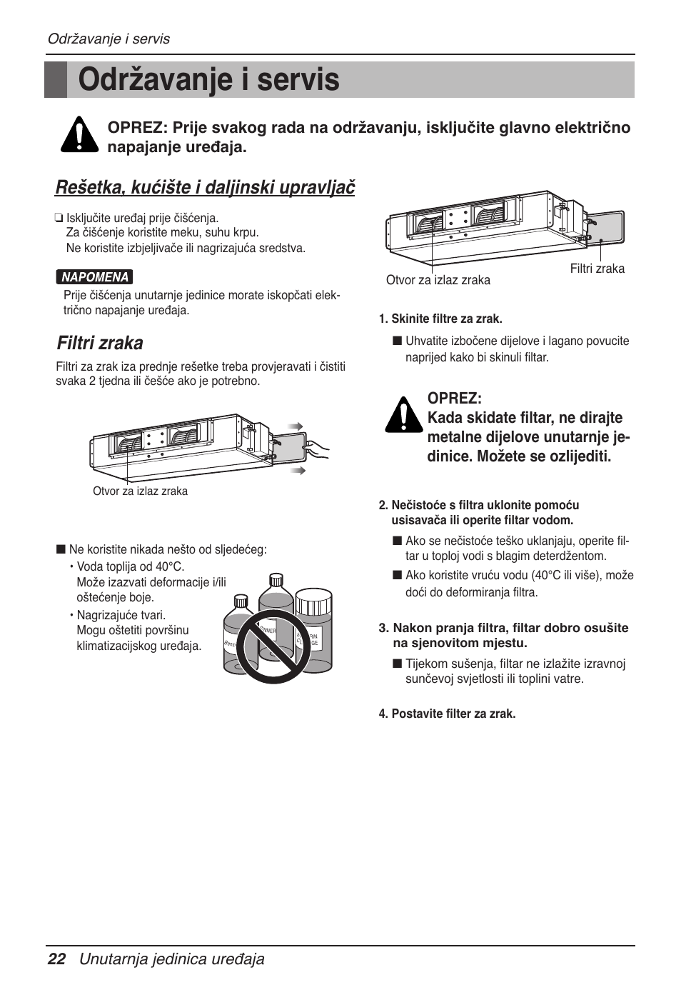 Održavanje i servis, Rešetka, kućište i daljinski upravljač, Filtri zraka | 22 unutarnja jedinica uređaja | LG UB60 User Manual | Page 358 / 457